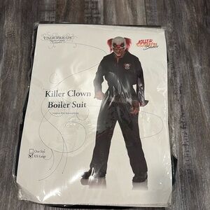 Mens Halloween clown costume jumpsuit XXL and altered anatomy latex mask